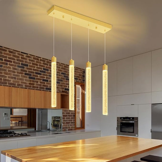 4-Lights Gold Modern Crystal Chandeliers for Dining Room Dimmable LED Adjustable Height Hanging Pendant Light for Kitchen Island,Bedroom,Over Table,Living Room