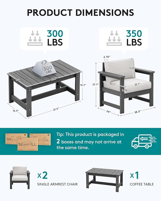 SERWALL 3 Pieces HDPE Outdoor Sofa Set with Cushions, All Weather Use Patio Couch Loveseat Furniture with Coffee Table for Balcony, Deck, Poolside, Grey Frame with Khaki Cushions