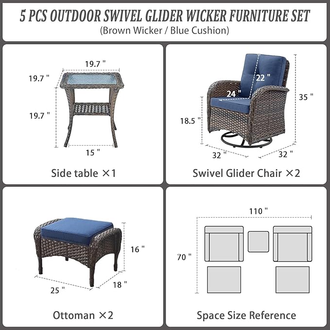5 Piece Swivel Rocker Glider Outdoor Chairs Set of 2 with Ottoman and Glass Side Table Patio Bistro Furniture Set, Comfort High Back Wicker Patio Conversation Set for Deck Porch Sunroom