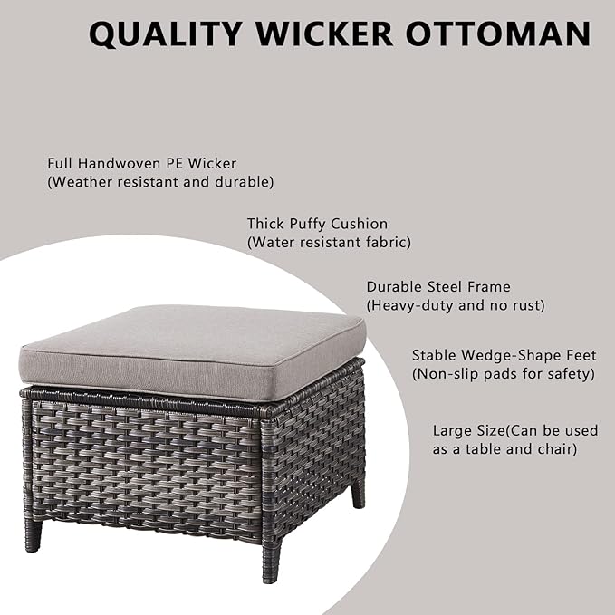 Rilyson Wicker Outdoor Patio Furniture Set - 4 Piece Patio Conversation Set with Swivel Rocker Chairs and Ottomans, 6 inch Cushions, High Back, Deep Seating, for Porch Deck Garden Mixed Grey/Grey