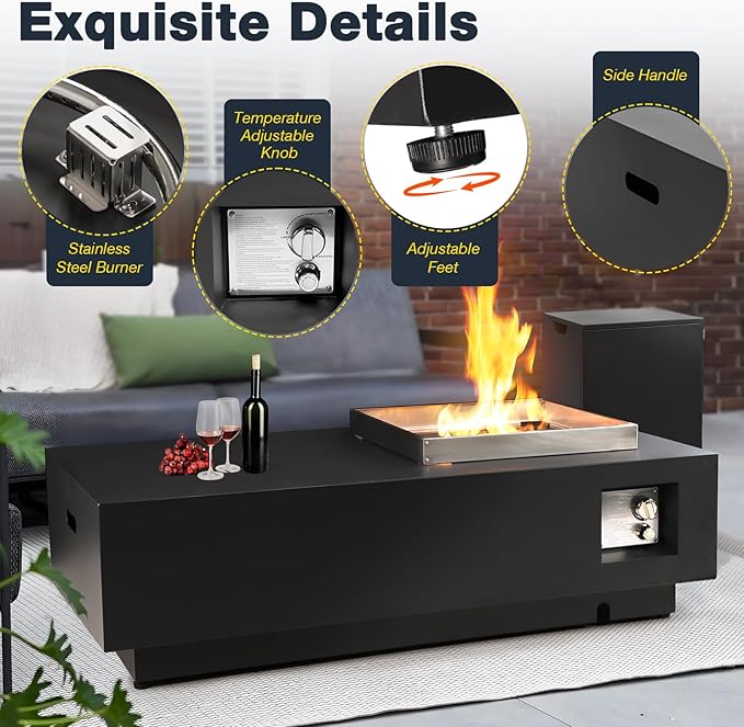 2-Piece 48" Outdoor Propane Fire Pit Table Set W 16" Tank Cover Side Table, 50,000 BTU Rectangle Fire Pit Coffee Table, Lava Rocks, Wind Guard, Rain Cover for Patio, Backyard, Garden, Deck