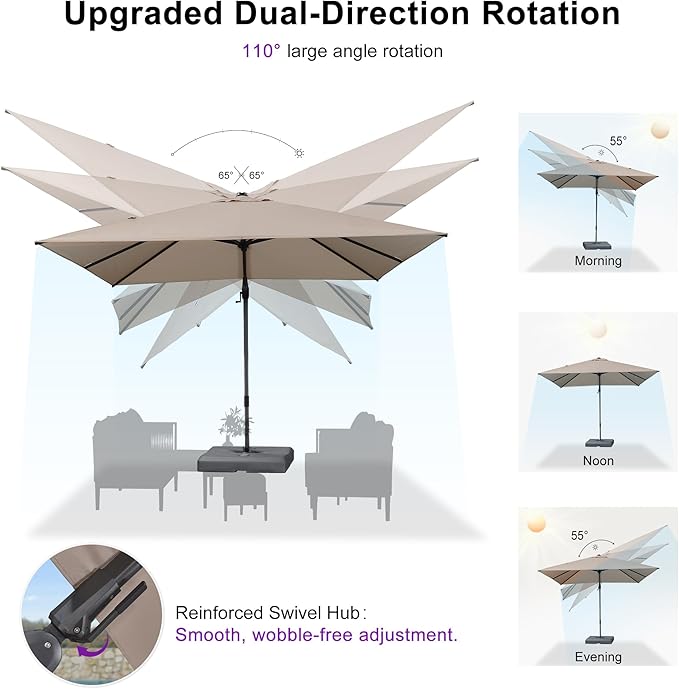 PURPLE LEAF 10' X 6.5' Swivel Outdoor Patio Aluminum Umbrella with Base Left-right Tilting Cantilever Offset Umbrella with UV Resistant Heavy Duty Fabric for Deck Pool Patio Backyard, Sand Dune
