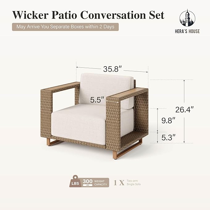 HERA'S HOUSE Patio Furniture, Outdoor Rattan Wicker Armchair, All Weather Patio Conversation Set with 5.3" Widened Armrest, 10" Ultra Thick Comfy Sponge Cushion, Patio Couch for Garden Backyard