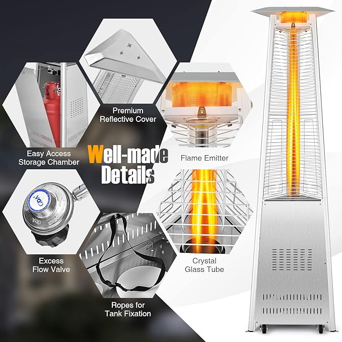 Tangkula Patio Propane Heater, 42,000 BTU Pyramid Outdoor Heater with Tip-Over and Flameout Protection, Quartz Glass Tube, Wheels