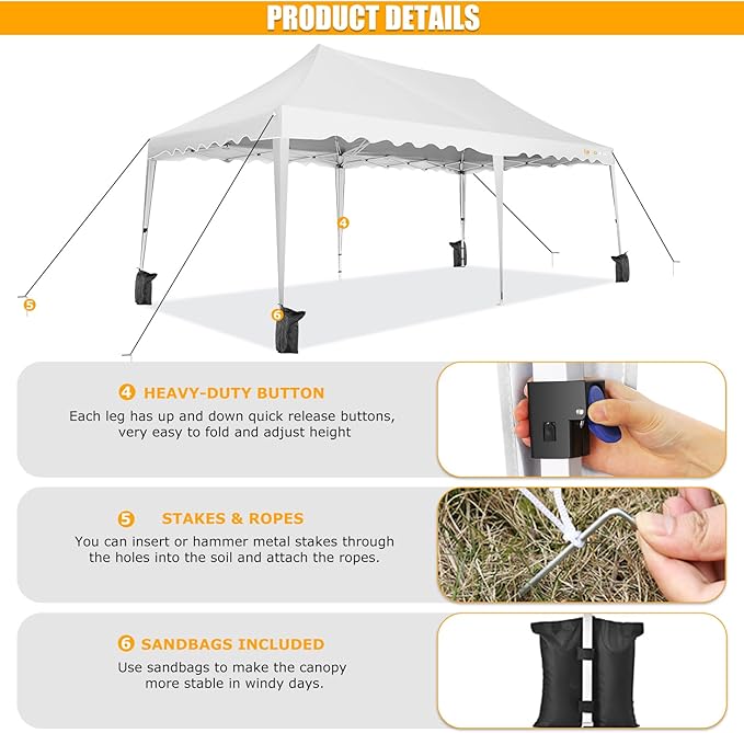 HOTEEL 10x20 Pop Up Canopy, Outdoor Easy Setup Party Tent, Waterproof Portable Enclosed Event Shelter with Wheeled Bag, Weight Bag for Backyard, Vendor, White