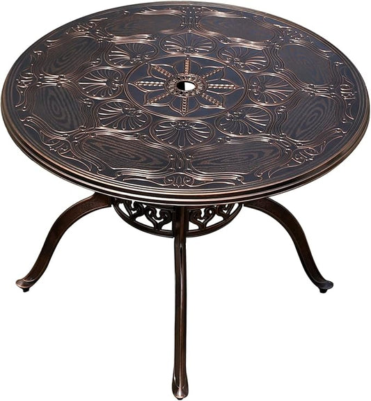 FAPOLITE Outdoor Table Cast Aluminum Round Patio Table with Umbrella Hole All Weather Outdoor Dining Table for Lawn Garden Backyard (100cm Palm Round Table)
