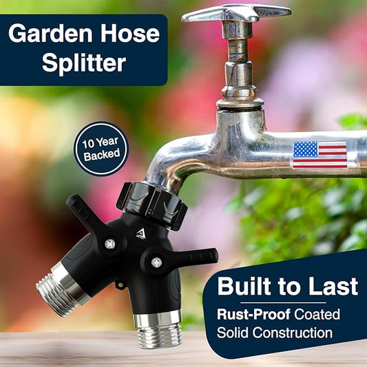 DBR Tech® Garden Hose Splitter 2 Way Heavy Duty | Faucet Adapter with Long Handle, Outdoor Water Spigot Hose Bib Y Wye Splitter, Dual Outlet Shut Off Valve Hose Connector, Leak Free