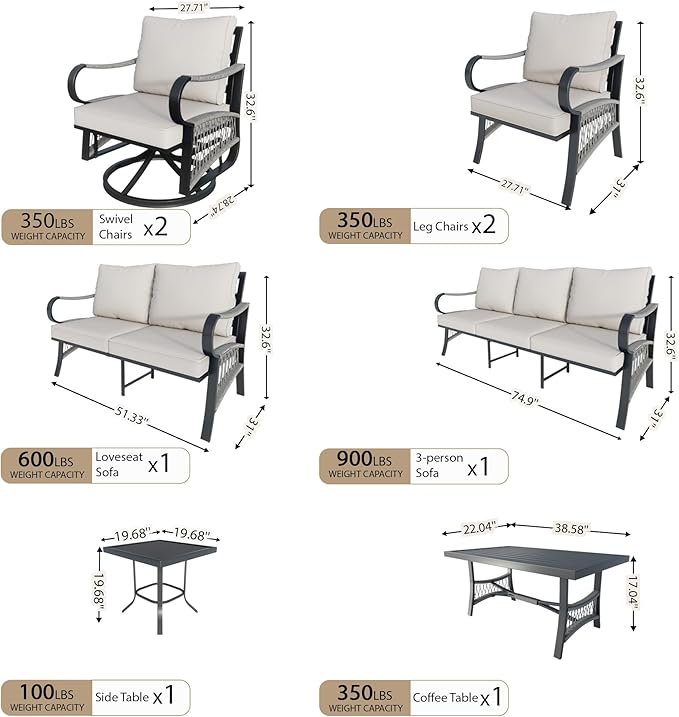 8 Pieces Outdoor Patio Conversation Sets, Rope Outdoor Furniture Set Metal 3-Seater Couch, 2 Swivel Rockers with Side Table and 2 Single Chairs, Loveseat Sofa with Coffee Table for Backyard, Beige