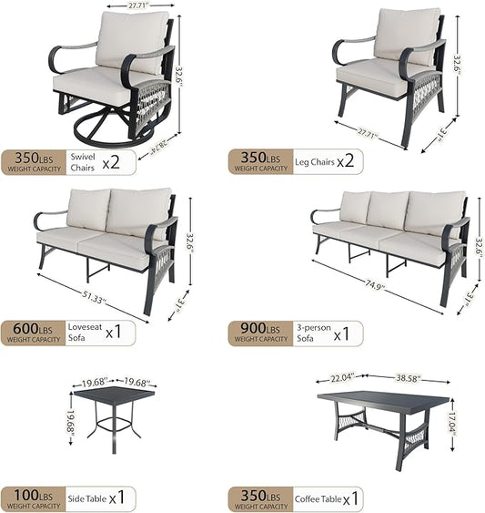 8 Pieces Outdoor Patio Conversation Sets, Rope Outdoor Furniture Set Metal 3-Seater Couch, 2 Swivel Rockers with Side Table and 2 Single Chairs, Loveseat Sofa with Coffee Table for Backyard, Beige