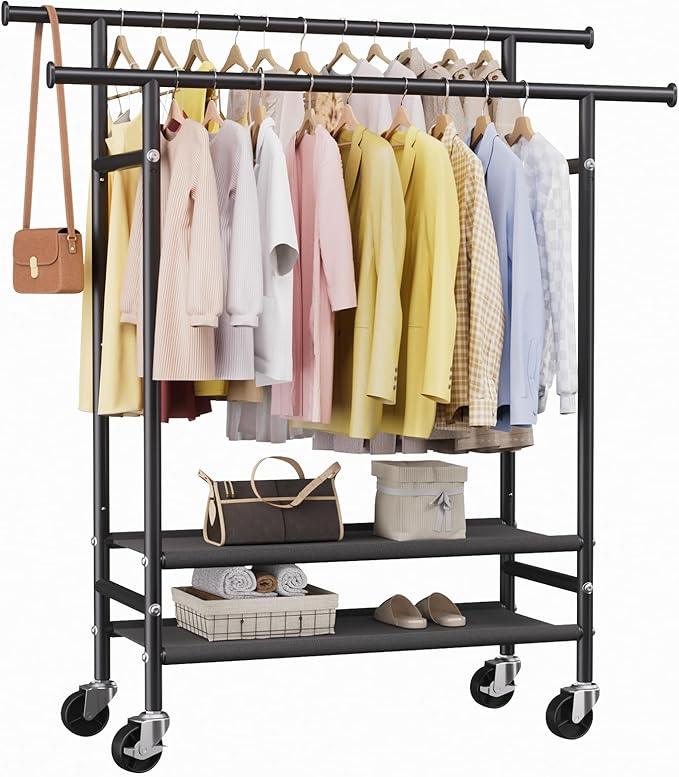 Double Rods Clothes Racks , Rolling Clothing Rack for Hanging Clothes with Wheels & Shelves，Portable Garment Coat Wardrobe Rack for Bedroom,Laundry living Room ,16.93″ L × 39.37″ W × 63.78″ H,Black