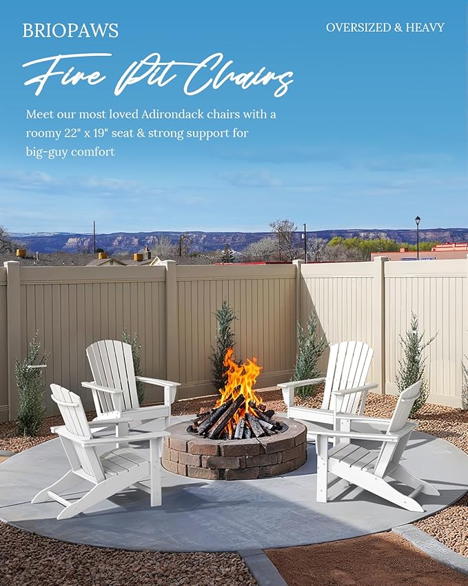 BRIOPAWS Adirondack-Chair | Fire Pit Chair | Oversized | HDPE Plastic | Weather Resistant | for Deck Outdoor Poolside Campfire | White