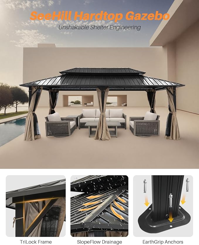 SEEHILL 12' x 20' Hardtop Gazebo, Outdoor Patio Gazebo, Aluminum Frame Patio Hardtop Gazebos with Netting and Curtain, Outdoor Patio Pergola with Double Steel Roofs for Deck, Lawns, Parties, Sandstone