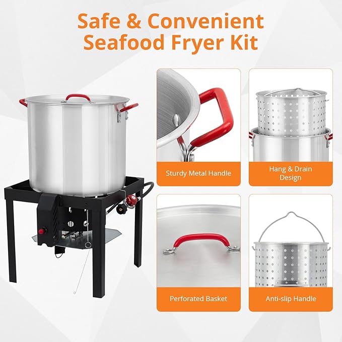 60 Qt Seafood Boil Pot, ACONEE Aluminum Crawfish Boiling Kit with Steam/Boil Basket & Strainer, 110000 BTU Propane Jet Burner & Lifting Hook, 10 PSI Regulator, Outdoor Cooking Shrimp Crab Boiler