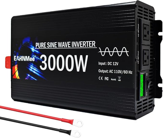 3000W Pure Sine Wave Inverter, Vehicle Converter,12V DC to 110V 120V AC for Car, RV, Truck, Home, Solar Power Inverter with LCD Display