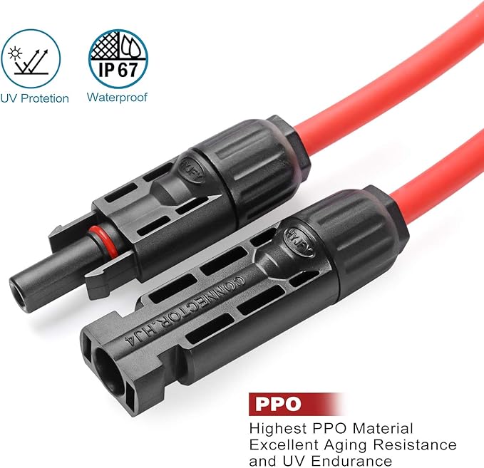 Solar Panel Extension Cable Kit - 10AWG (6mm) Weatherproof Tinned Copper Wire Adapter - 15 Feet Black + 15 Feet Red