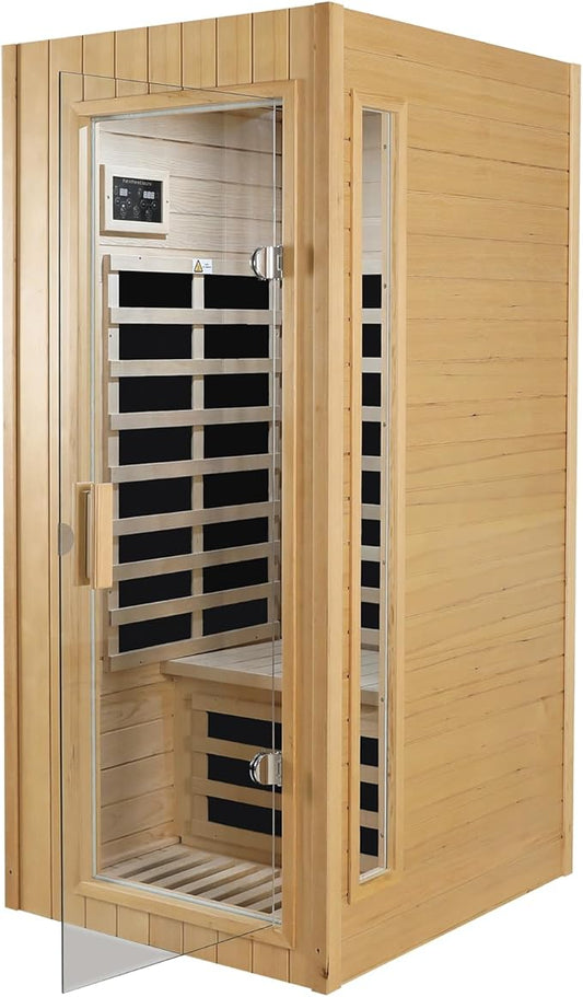 LTCCDSS Far Infrared Sauna Home Canadian Hemlock Wood Sauna 1 Person 1300W Low-EMF Indoor Saunas 120V with Bluetooth, LED Light, LCD Control Panel and Tempered Glass Door, Room: 33 * 38.3 * 73 inch