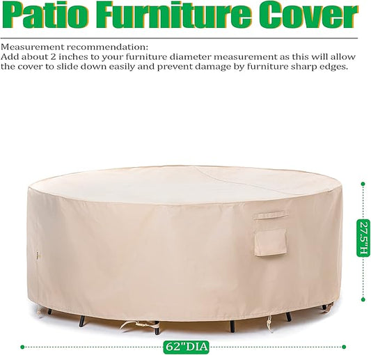 F&J Outdoors Patio Furniture Covers Waterproof UV Resistant Rip-stop Fabric Outdoor Table Cover Round Furniture Cover, Beige, 62" Dia x 27.5" H