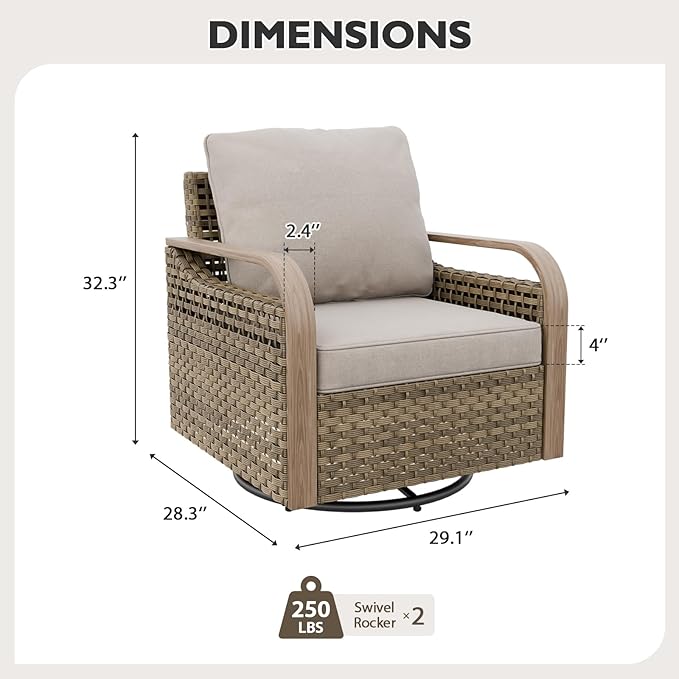 EAGLE PEAK Modern Wicker Outdoor Glider Rocking Chair, Swivel Rocker, Rattan Patio Furniture for Yard Deck Porch Garden, 2 Chairs, Brown/Gray