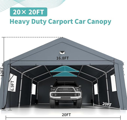 2 Car Carports 20X20 Heavy Duty,Carport Canopy,Car Port with 180G Removable Side Walls,Portable Car Port Garage,Car Shelter All Weather,Gray