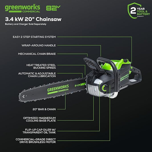 Greenworks 82V 20" Brushless (3.4 kW) Cordless Chainsaw (205 Cuts Per Charge), 4.0Ah Battery and Dual Port Rapid Charger (Great For Landscapers and Professionals)