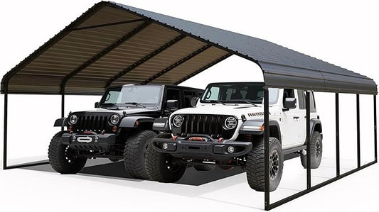 20x20 ft Metal Carport for Outdoor Garages Steel Heavy Duty Portable Garage with Large Tall Carports Canopy for Snow, Car Ports with Galvanized Steel Roof & Frame - Grey