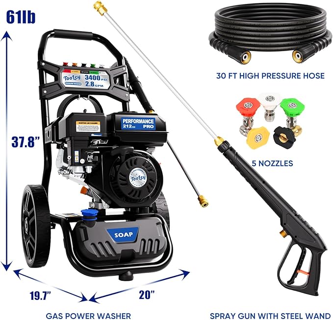 TOOLCY Gas Powered Pressure Washer 3400 PSI 2.8 GPM, 212cc Engine Gas Power Washer with Enhanced Pump, 30FT Pressure Washer Hose, Soap Tank, Pressure Gun & 5 Tips for Cars/Driveways/Homes/Patios