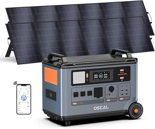OSCAL PowerMax 6000 Solar Generator with 2x500W Solar Panels, 120/240V Split Phase Voltage 6000W AC Outlets (9000W Peak), 3600Wh Power Station Expandable to 57.6kWh, Emergency for Home