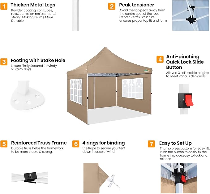 COBIZI 10x10 Pop Up Canopy with 4 Sidewalls, Pop up Tent 10x10 for Parties, Backyard, Commercial, Waterproof and Portable Instant Shelter UV50+ Ez Outdoor Canopy Gazebo with 4 Sandbags