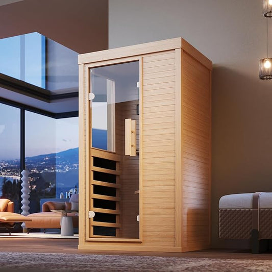 Far Infrared Sauna Home 1 Person, Canadian Hemlock Wooden Indoor Dry Sauna Spa Room for Indoor Low EMF 850W 120V with Bluetooth Speakers and Control Panel, Half Glass