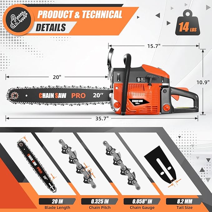 20 Inch Gas Chainsaw, 62CC Professional Chainsaw with 2-Stroke Engine, Ergonomic Non-Slip Handle & Dual Fuel Tanks for Wood Cutting, Tree Trimming, Land Clearing