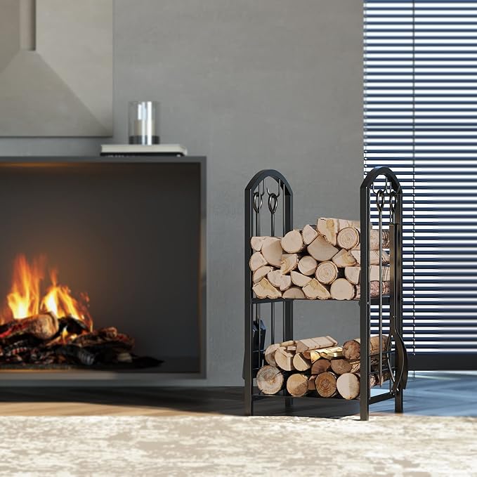 Fire Beauty Fireplace Firewood Log Rack 5-Piece Storage Logs Holder with Tools Set with 4 Tools Set Fireside Holders Wood Lumber Storage Stacking Black