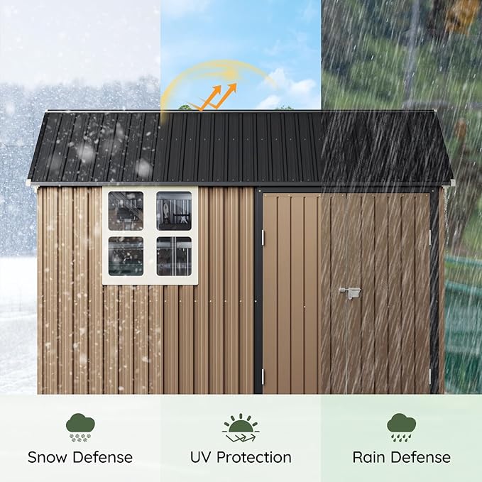 Update 8x10 FT Outdoor Metal Storage Shed, Single Door, 1 Clear Window, Tool Shed for Garden, Patio, Backyard Brown