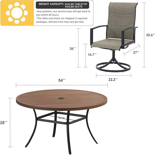 VICLLAX 7 Pieces Patio Dining Set for 6-53" Round Outdoor Table and Swivel Chairs for Lawn Garden, Walnut Tabletop and Mixed Brown Fabric