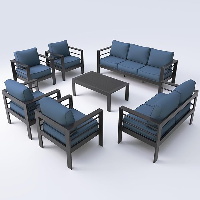 UDPATIO 10 Piece Aluminum Patio Furniture Set, Oversized Modern Outdoor Furniture Set with Olefin Fabric Cushion for Patio Deck Backyard, Dark Grey/Navy(with Waterproof Covers)