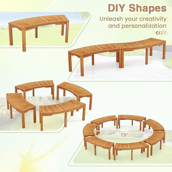 RELAX4LIFE Wooden Outdoor Curved Bench - Acacia Wood Garden Bench w/Slatted Seat, 2-Person Outside Backless Seating for Porch Backyard Deck Park, 800 LBS Load Capacity, Patio Fire Pit Bench (1, 45'')