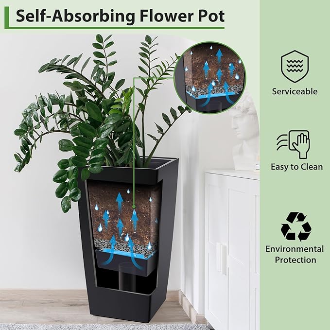 CABIHOME 30 Inch Tall Outdoor Planters Set of 2, High Front Porch Planter Pots with Drainage Holes, Water Level Monitor and Wheels, for Porch or Patio, Black