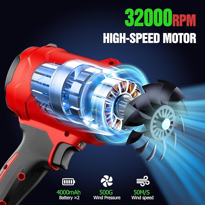 Cordless Leaf Blower, Leaf Blower Cordless with Battery and Charger, Portable Lightweight Handheld Blower, Extended Nozzle, Turbo Jet Blower for Lawn Care, Patio Cleaning, Leaves, Dust (Red)