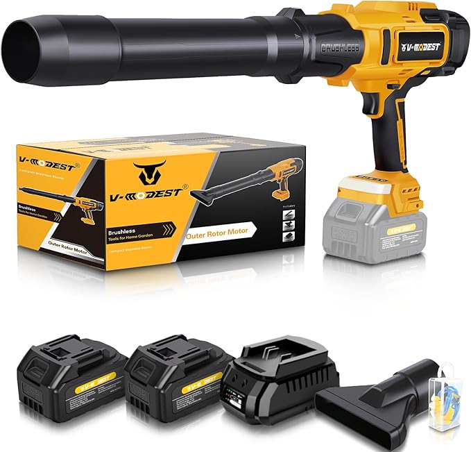 V-MODEST Electric Leaf Blower, 800,000 RPM Compact Leaf Blowers Battery Powered Brushless with 2 * 4.0Ah Batteries, Lightweight Cordless Leaf Blower for Yard, Garage, Car, Lawn, Deck, Patio Cleaning