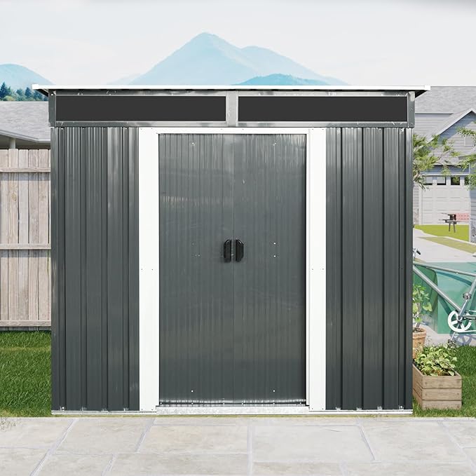 6X5 FT Outdoor Storage Shed, Waterproof Metal Garden Sheds with Lockable Door, Steel Tool Storage Buildings Shed & Outdoor Storage House for Garden, Backyard, Patio, Lawn, Trash Cans(Black and White)