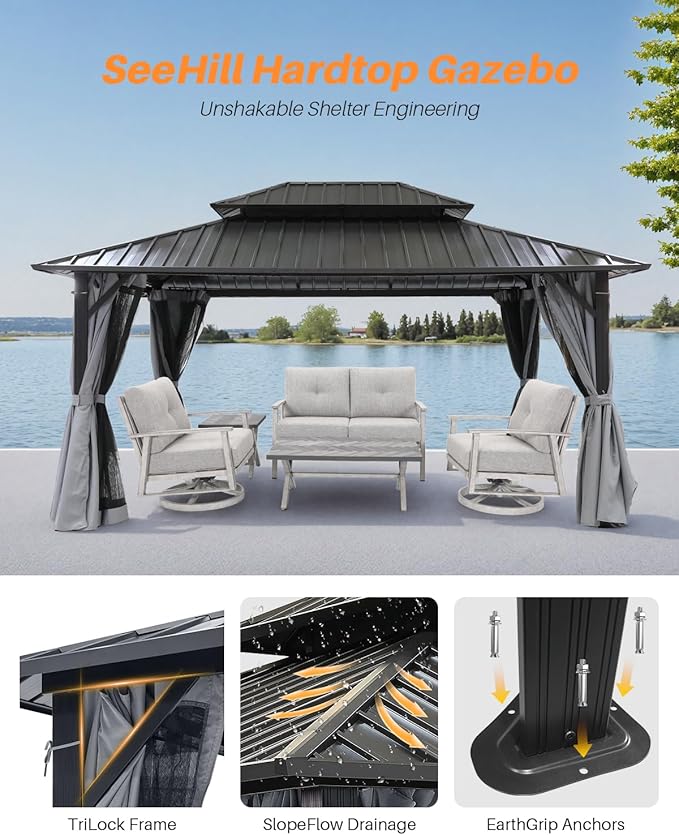 SEEHILL 10' x 12' Hardtop Gazebo, Aluminum Frame Outdoor Patio Gazebo with Netting and Curtains, Outdoor Hardtop Gazebos, Patio Pergolas with Double Metal Roofs for Backyard, Patio, Deck, Slate Gray