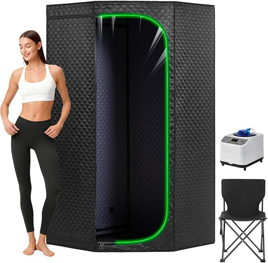 Portable Full-Body Steam Sauna Tent for Home – Large Indoor Personal Sauna with 15 Heat Levels, 3L Steamer, Remote, Foldable Chair and Transparent Window (Transparent Door Design, Black)
