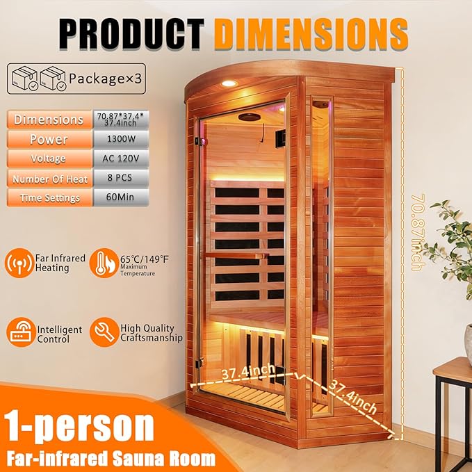 RIGO Pentagonal Single-Person Infrared Sauna Room – 1300W far-Infrared Heating, Made of Okoume Wood, Home Sauna, Equipped with Colorful LED Lighting and Bluetooth Speaker, 37.4 * 37.4 * 71 inches