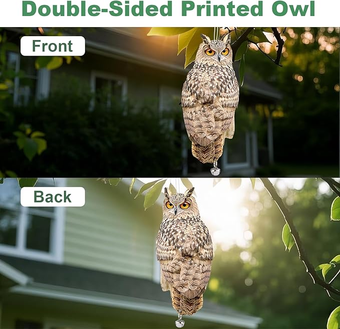 4PCS Reflective Hanging Ow Scarer Devices Owl Hanging Decoration Woodpecker Control Device with Reflective Tape for Garden Patio Windows Farm