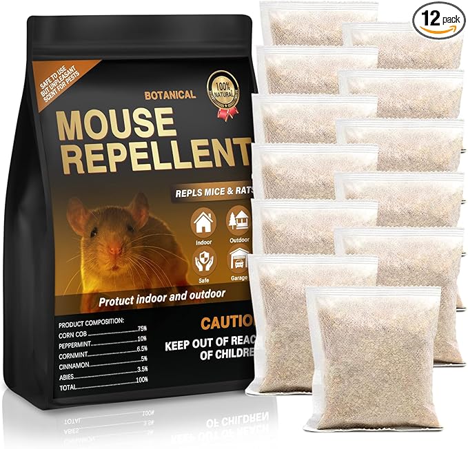 Mouse Repellent Pouches,12 Pack Natural Rodent Repellent for Indoor Use - Keeping Mice Out of Home, Car, Garage & Attic, Safe for Humans and Pets