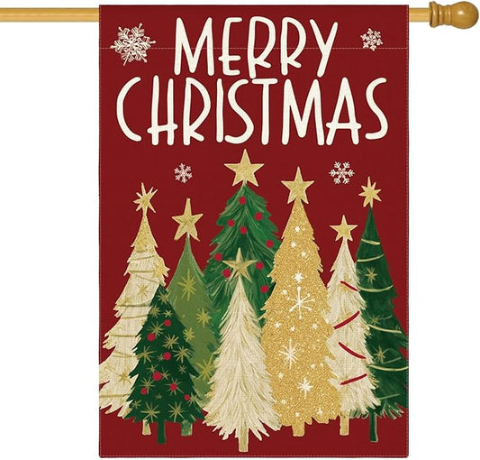 AVOIN colorlife Merry Christmas House Flag 28x40 Inch Double Sided Outside, Christmas Trees Winter Holiday Yard Outdoor Flag Red