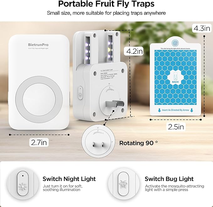 Fly Traps Indoors(2 Device+10 Refills), Gnat Traps for House Indoor with Night Light, 3-in-1 UV/Blue/Yellow Light Plug-in Flying Insect Traps, Fruit Fly Killer, NAT Killer, Get Rid of Gnat Infestation