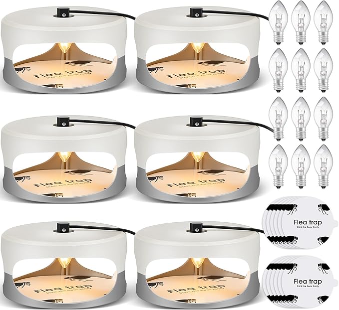 Qualirey 6 Pack Flea Traps with Sticky Disc Bulbs Flea Traps for Inside Your Home Light Trap for Indoor Safe to Pets (White Gray)
