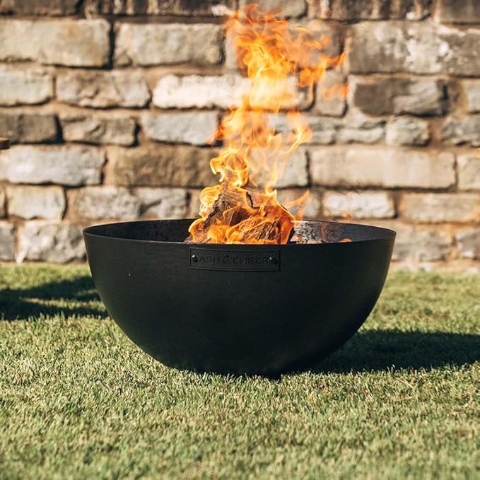 Ash & Ember 29" Hemisphere Fire Pit, Wood Burning Outdoor Fire Bowl, High-Temp Black Paint Over Cast Iron, Half-Sphere Outside Fireplace with Flanged Edge and Stable Base