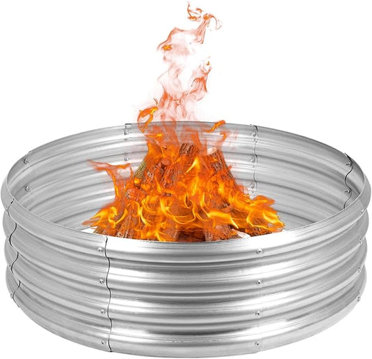 OUSHENG Galvanized Fire Pit Ring for Outside Wood Burning, Metal Firepit Liner for Above Ground Outdoor Camping Beach Backyard Park