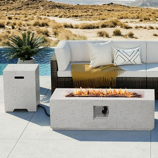 COSIEST 2-Piece Outdoor Propane Fire Pit Table Set w Tank Table, 42" Terrazzo Rectangle Fire Table (Certified, 50,000 BTU) w 16" Tank Cover Side Table, Waterproof Cover for Garden, Pool, Backyard